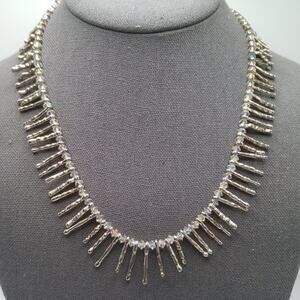 Artisan Crystal Bead Necklace with Silver Tube Beads on Wire, Handmade, 18 Inch